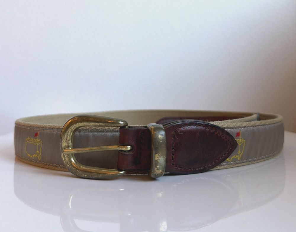 Masters Augusta National Golf Belt Mens 38 Taupe Canvas Leather Brass Buckle